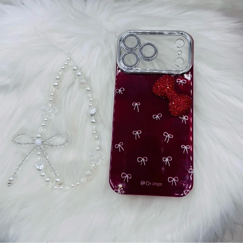 Chic iPhone 17 Pro Max  Bow Theme Wine Case w/ bows design & matching bead charm